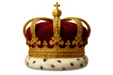 Golden royal crown featuring red velvet, white ermine fur, and decorative gems, representing monarchy and leadership