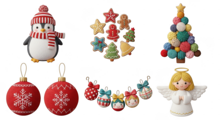 Assortment of festive christmas holiday decorations including ornaments, plush penguin, and cookie shapes isolated on transparent background