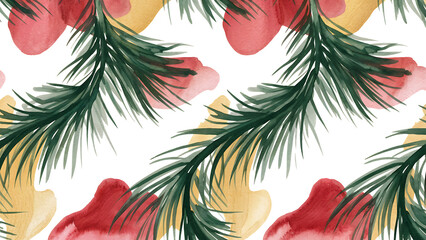 watercolor holiday seamless pattern with pine foliage and abstract red gold blends