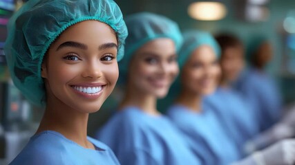 Nurses work in a hospital preparing for a surgical procedure with smiles and teamwork during the day shift