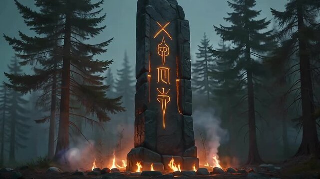 Mystical runes glowing on ancient stone monolith in foggy forest with flickering flames creating an eerie ambiance for fantasy adventure videos