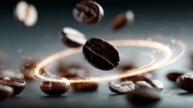 Levitating coffee beans slowly floating in mid-air, concept of coffee, aroma, and freshness