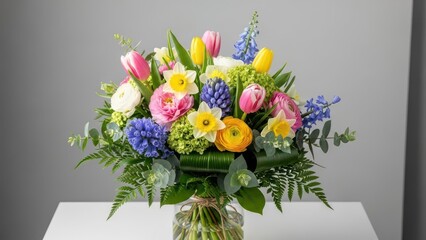 A vibrant spring bouquet featuring colorful tulips, daffodils, hyacinths, and ranunculus arranged beautifully in a clear vase