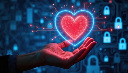 Hand holds glowing heart digital shield. Locks and circuits protect data. Cyber security concept for personal data safety and online privacy.