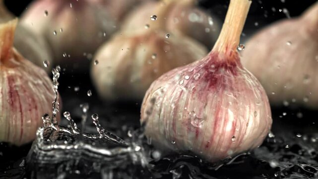 Water droplets fall on fresh garlic. Filmed on a high-speed camera at 1000 fps. High quality FullHD footage