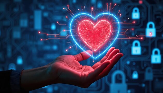 Hand holds glowing heart digital shield. Locks and circuits protect data. Cyber security concept for personal data safety and online privacy. - Powered by Adobe