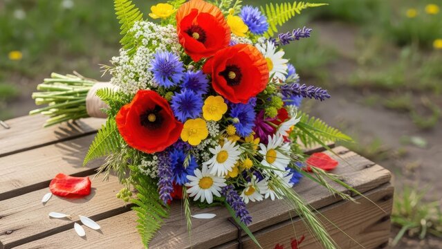 Vibrant bouquet of wild summer flowers including red poppies and blue cornflowers resting on a wooden crate outdoors