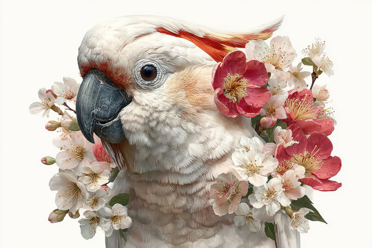 Watercolor illustration clipart of a single cute cockatoo with a flower crown made of native Australian blossoms, isolate on white background 