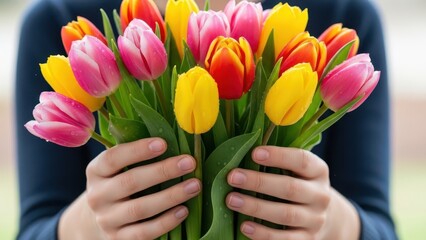 A person holding a vibrant bouquet of freshly cut pink, yellow, and orange tulips with green stems and leaves