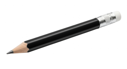 A sharpened black wooden pencil with a silver ferrule and white eraser, isolated on transparent background
