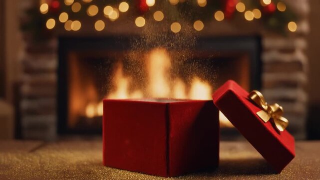A magical red gift box opening with shimmering glitter exploding outwards in front of a warm, glowing fireplace during the holiday season