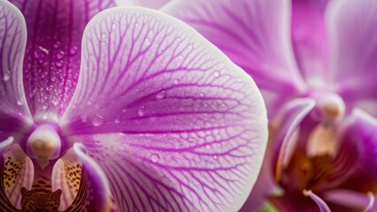 Closeup macro shot of vibrant purple orchid petals covered in tiny glistening water droplets, showcasing intricate vein patterns