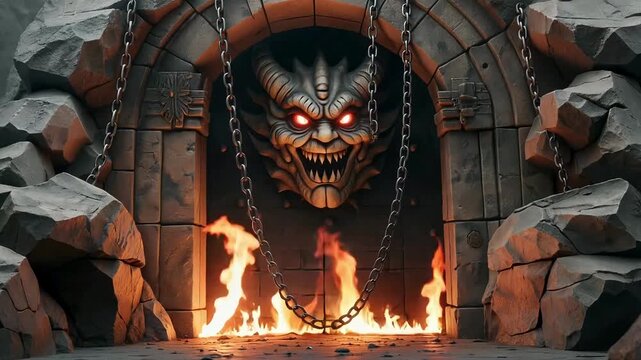 Terrifying demon face lurks above fiery portal, promising intense horror experience in stone dungeon, perfect for game development or thrilling movie scenes