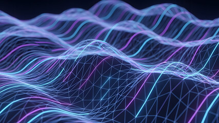 Abstract wireframe landscape with neon blue and purple waves against a dark background design style