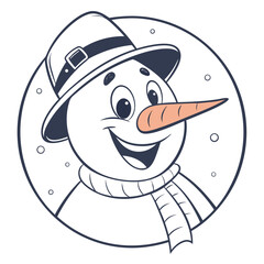 Simple circular snowman face outline vector design with red nose and black eyes