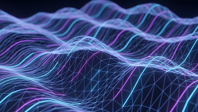 Abstract wireframe landscape with neon blue and purple waves against a dark background design style