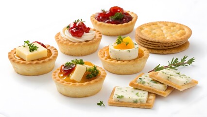 Assortment of delicious savory and sweet mini tarts and cheese crackers arranged artfully on a white background for a delightful appetizer spread
