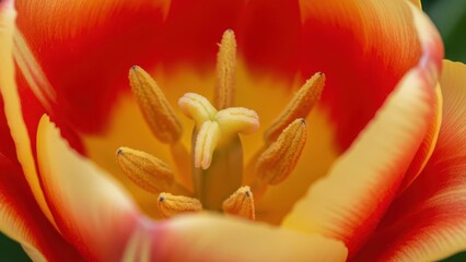 Macro closeup view inside a vibrant red and yellow tulip flower showing the delicate stamen and pistil structure clearly