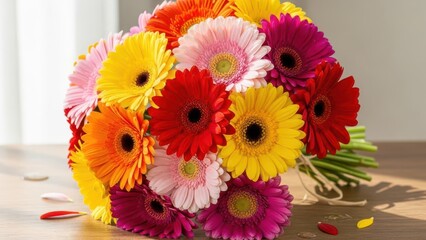 Vibrant bouquet of multicolored gerbera daisies with bright petals resting on a wooden surface indoors