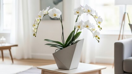 Elegant white phalaenopsis orchid plant in a modern geometric gray planter sitting on a light wooden table