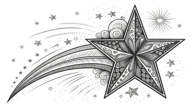 Intricate black and white drawing of a detailed, patterned star trailing behind it a whimsical shooting tail, perfect for tattoo concepts, spiritual designs, or adult coloring books.