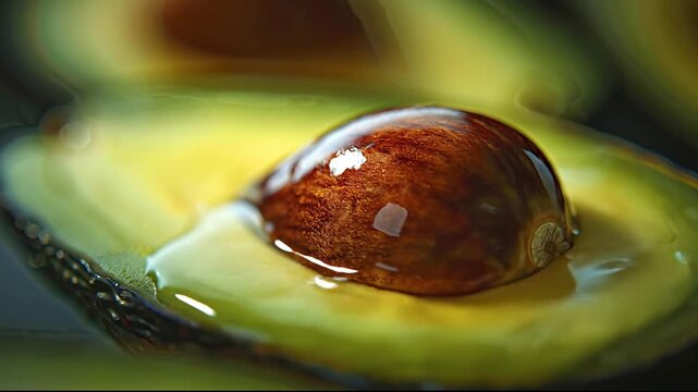 A macro view of a halved avocado its brown pit and yellow-green flesh glistening with clear liquid