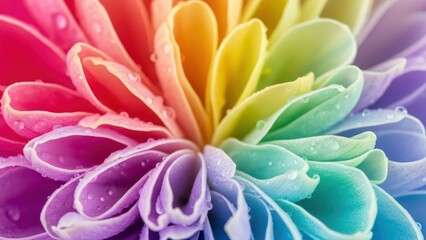 Close up of a vibrant rainbow chrysanthemum flower with dew drops glistening on its colorful petals