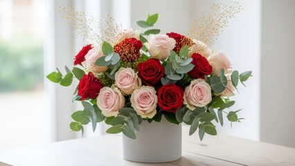 Beautiful arrangement of red and pale pink roses with eucalyptus foliage in a simple white vase indoors