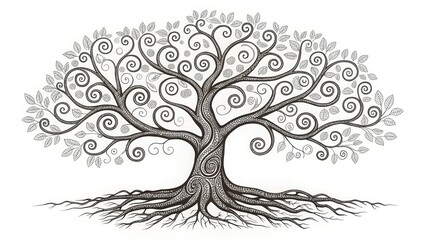 Obraz premium Intricate illustration of a swirling Tree of Life with detailed roots and curved branches, in grayscale against a white background. Excellent for spirituality, genealogy, and nature blogs.