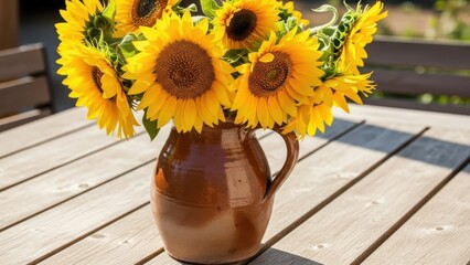 A vibrant bouquet of bright yellow sunflowers displayed in a rustic brown ceramic pitcher on a wooden table