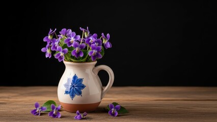 A small white ceramic pitcher with a blue floral design holds vibrant purple violets on a rustic wooden surface against a dark background