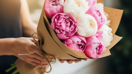 A person holding a beautiful bouquet of pink and white peonies wrapped in brown paper with a simple string bow