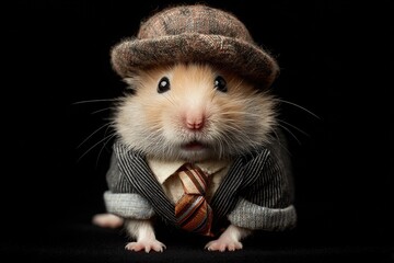 Gentle Styled Animal hamster Wearing Hat Tie Suit and Watch on Dark Black Background