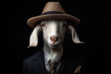 Gentle Styled Animal Goat  Wearing Hat Tie Suit and Watch on Dark Black Background
