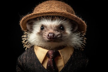 Gentle Styled Animal hedgehog Wearing Hat Tie Suit and Watch on Dark Black Background