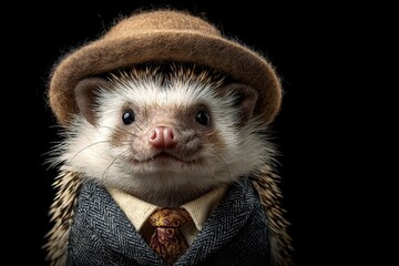Gentle Styled Animal hedgehog Wearing Hat Tie Suit and Watch on Dark Black Background