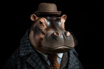 Gentle Styled Animal Hippo Wearing Hat Tie Suit and Watch on Dark Black Background