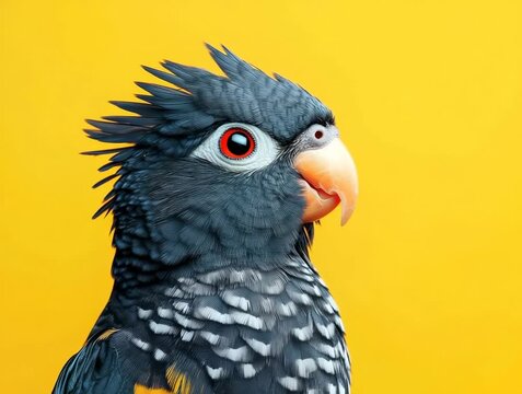 Colorful bird displays bright feathers and unique markings against a yellow background in a close view