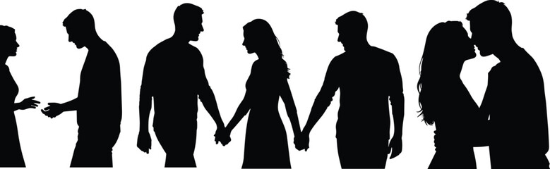 Romantic couple interaction silhouette illustration set, relationship progression and intimacy gesture sequence, love concept vector, black and white graphic
