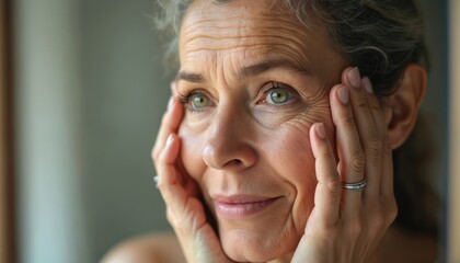 Mature woman examines her face closely. She touches skin looking at wrinkles with concern. Middle aged lady considers skincare beauty routine. Aging and age related changes are main topics.