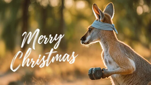 Funny kangaroo wearing a blindfold and holding dumbbells a humorous Christmas greeting card perfect for holiday promotions - Powered by Adobe