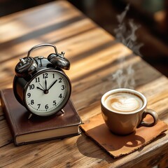 Coffee cup and alarm clock on wooden table morning time concept photography still life warm light photo