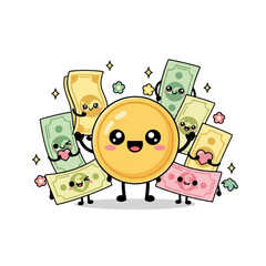 Fototapeta premium Adorable money cartoon characters celebrating financial success and happiness, fun banking and savings illustration, perfect for kids finance educational content