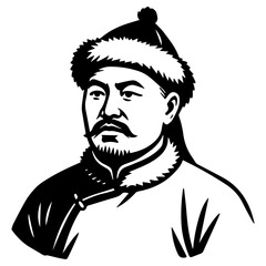 Stylized black-and-white portrait of a nomadic steppe leader wearing a fur-trimmed hat and winter coat, rendered as a clean graphic illustration with bold shadows and historic character.