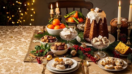 Naklejka premium Festive Christmas Feast A Sumptuous Table Setting with Traditional Holiday Treats and Delights