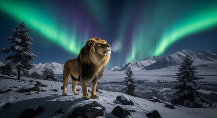 Obraz premium A majestic lion, a big mammal, sitting in a white landscape of snow and winter, like a big doggy in nature
