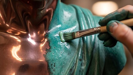 Craftsperson applying verdigris finish on copper sculpture with brush closeup