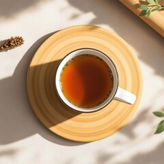 Herbal tea cup on wooden plate, healthy drink, wellness beverage, warm beverage, morning tea, top view