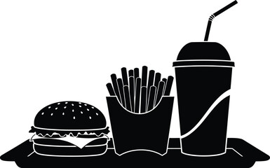 Black and white fast food meal on tray burger fries and drink