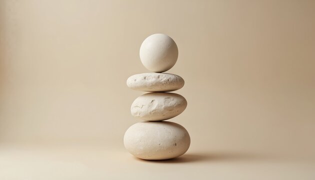Four light beige stones stacked in perfect balance on plain background. Composition simple, clean, creating serene, harmonious feel. Smooth textures, neutral earth tones suggest tranquility, natural